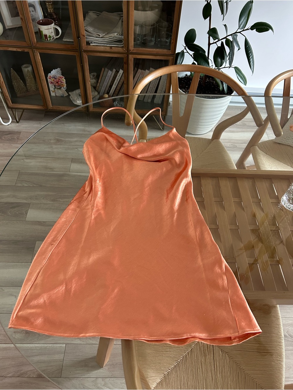 Double Zero Satin Slip Dress in Bright Metallic Orange
